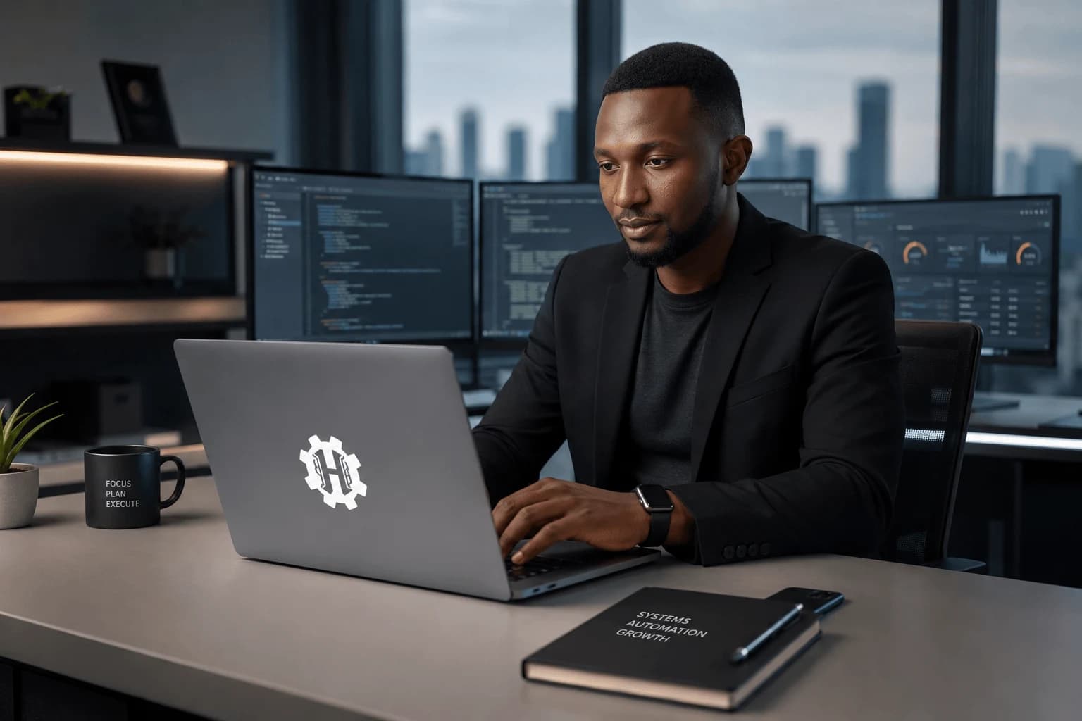Harun Lucas working at his desk, reviewing code and systems dashboards across multiple monitors