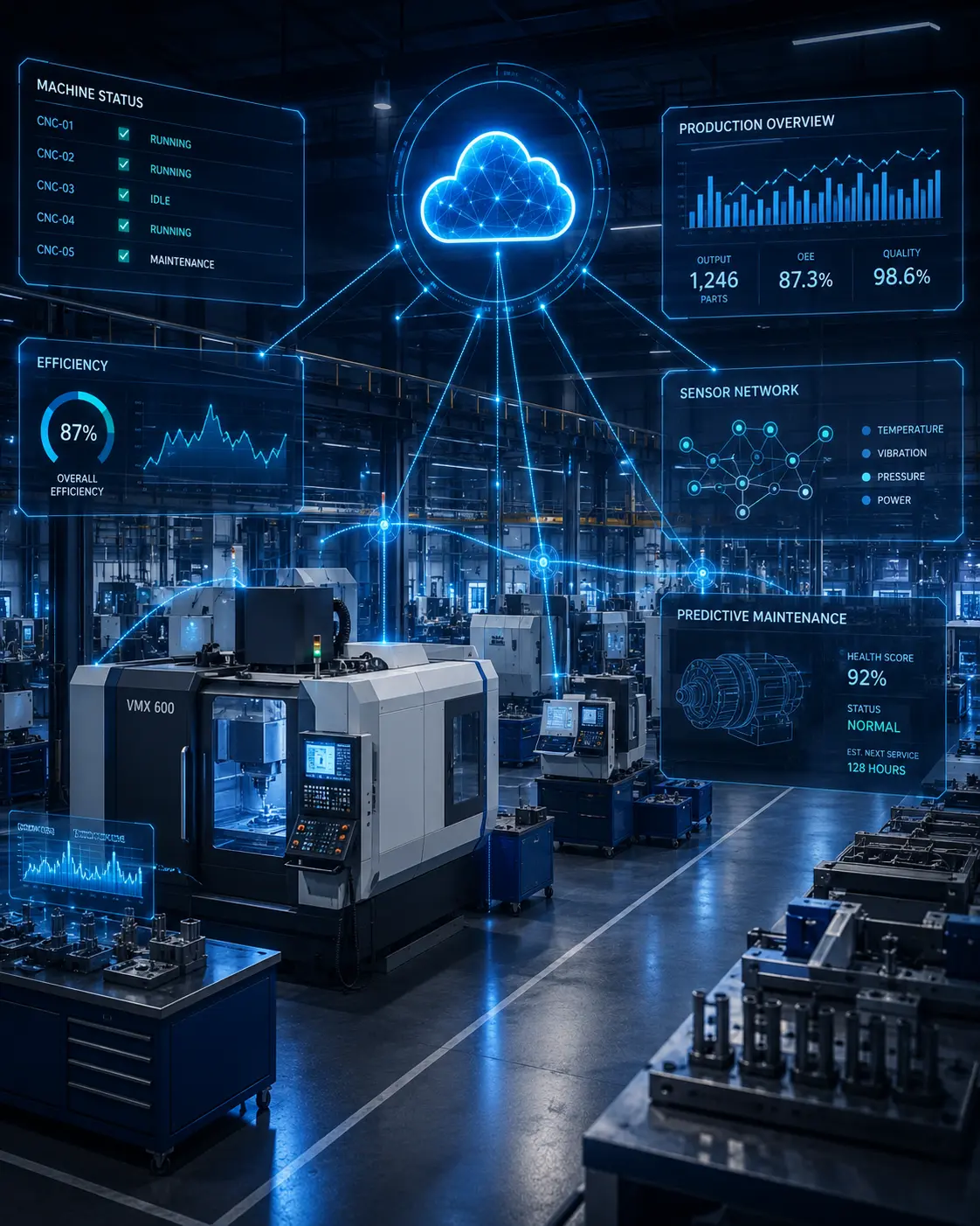 Smart factory floor with CNC machines overlaid by live production, sensor, and predictive-maintenance dashboards