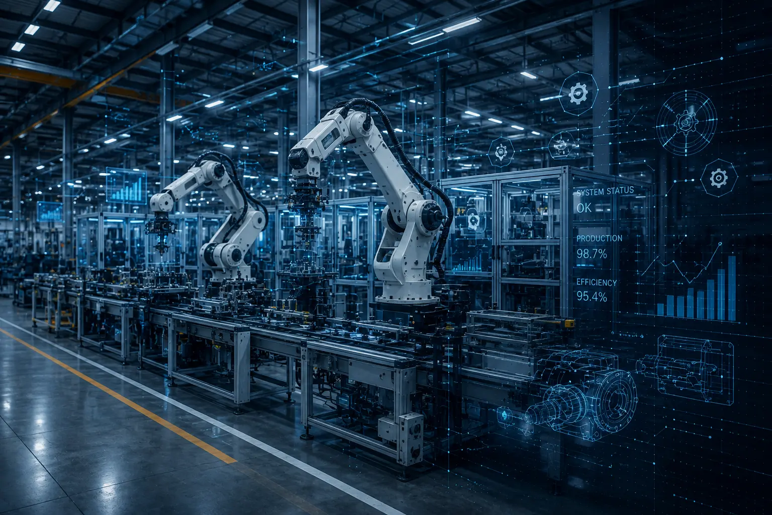Robotic arms working along an automated production line inside a smart manufacturing facility