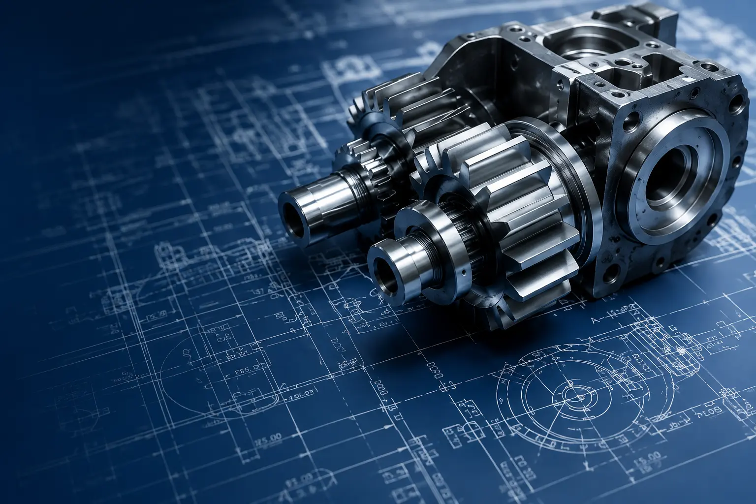 Precision-machined gearbox assembly resting on an engineering blueprint, representing the bridge between mechanical research and applied systems