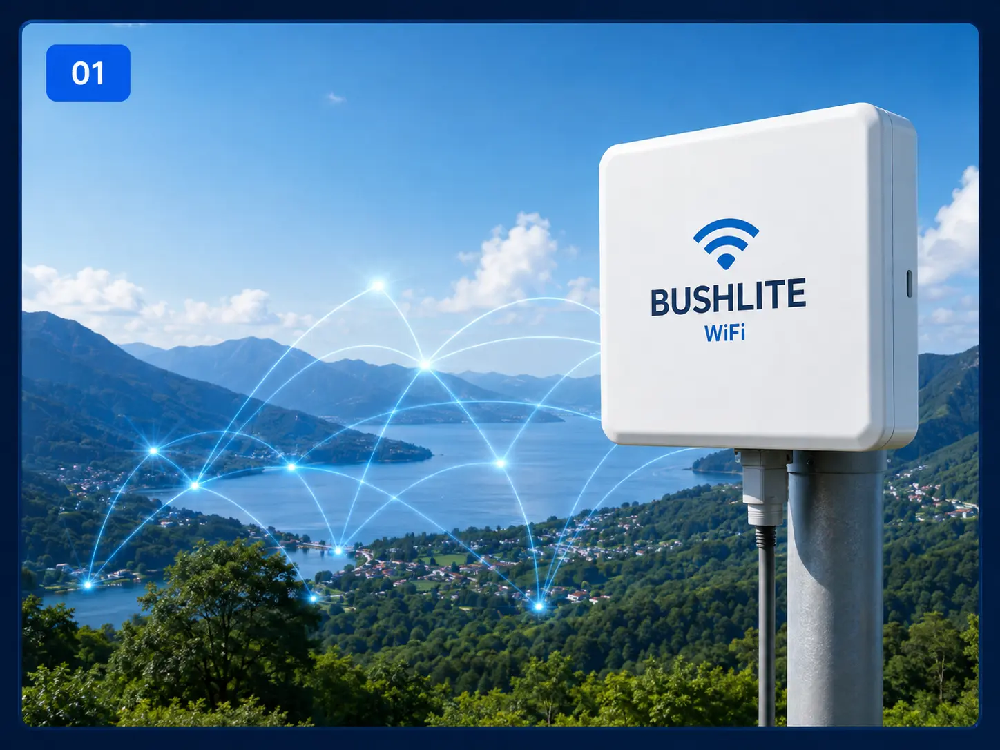 BushLite WiFi outdoor access point mounted on a pole overlooking a mountain and lake landscape, illustrating wireless network coverage